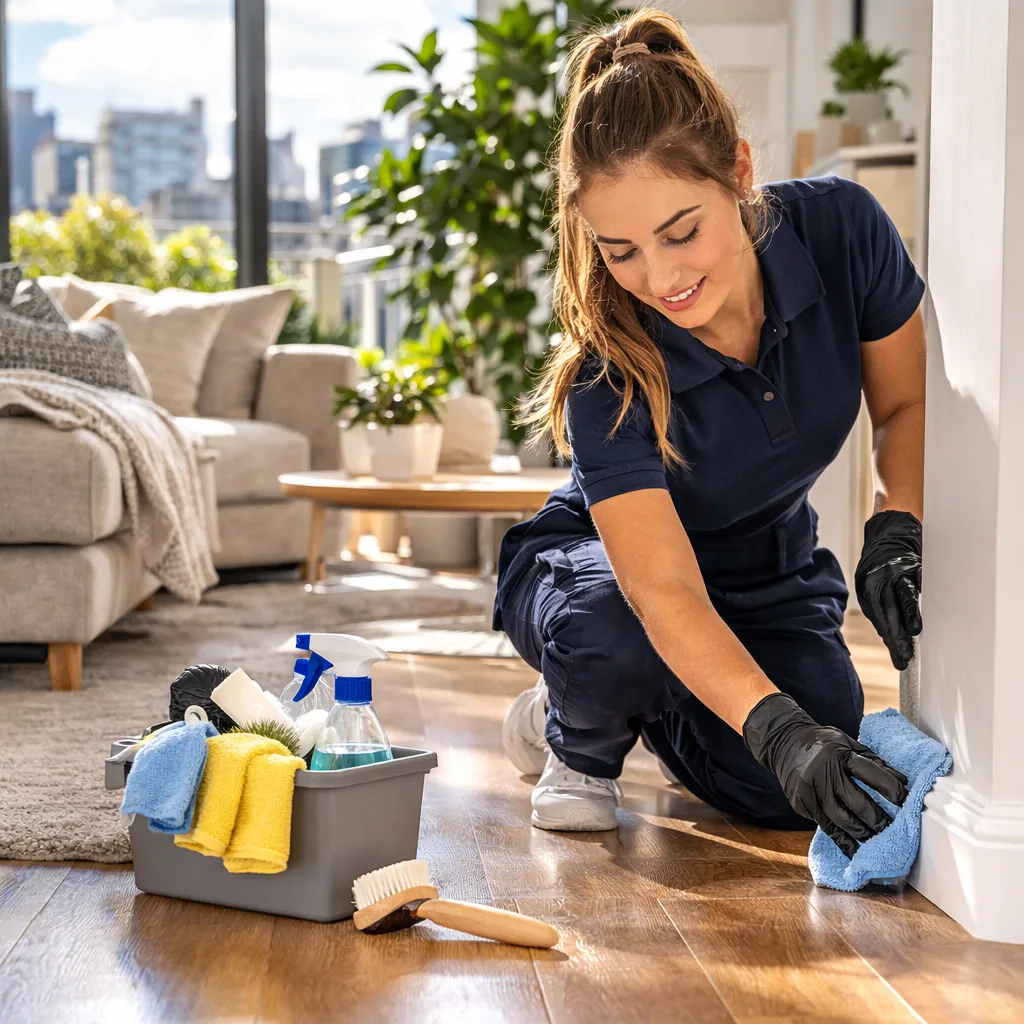 Cleaner from Lunara Essence Cleaning Services detail-cleaning baseboards and hardwood floors in a Providence living room
